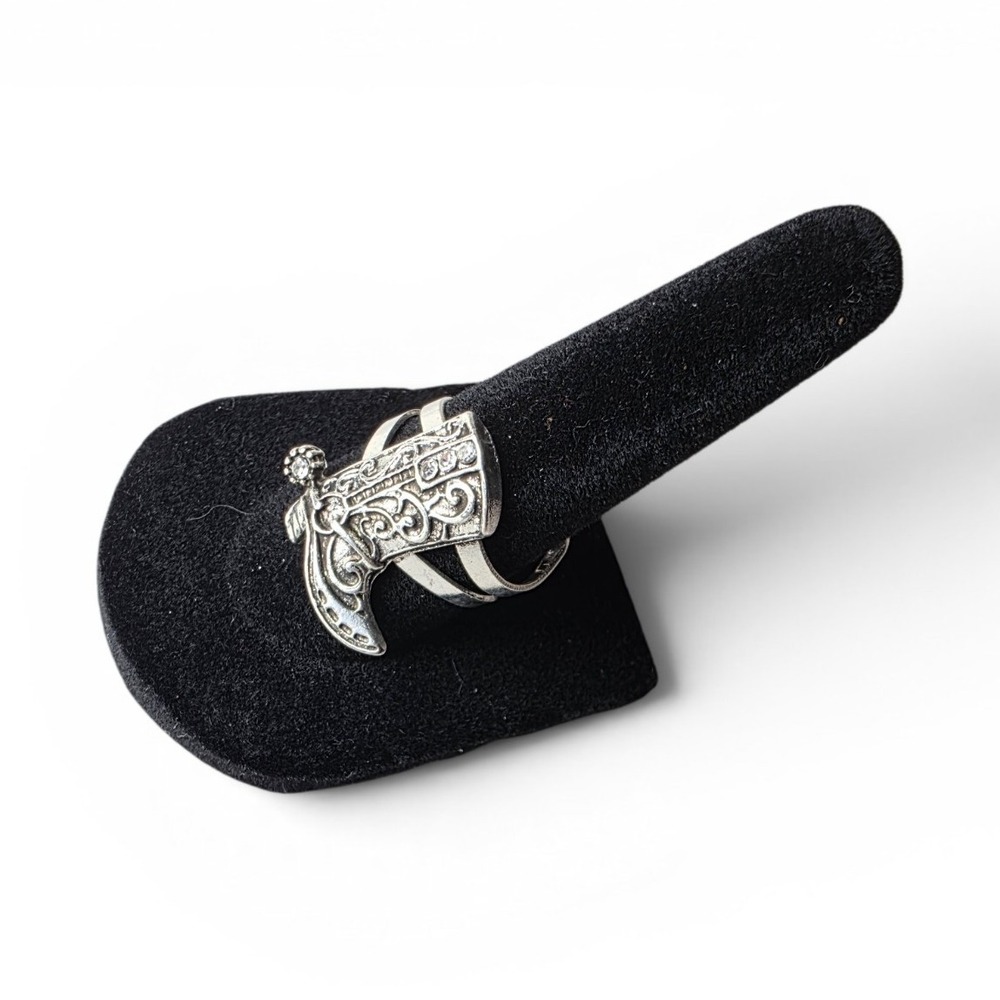 Western Cowboy Boot Shape Silver Tone Metal Adjustable Ring Faux Crystal Diamond